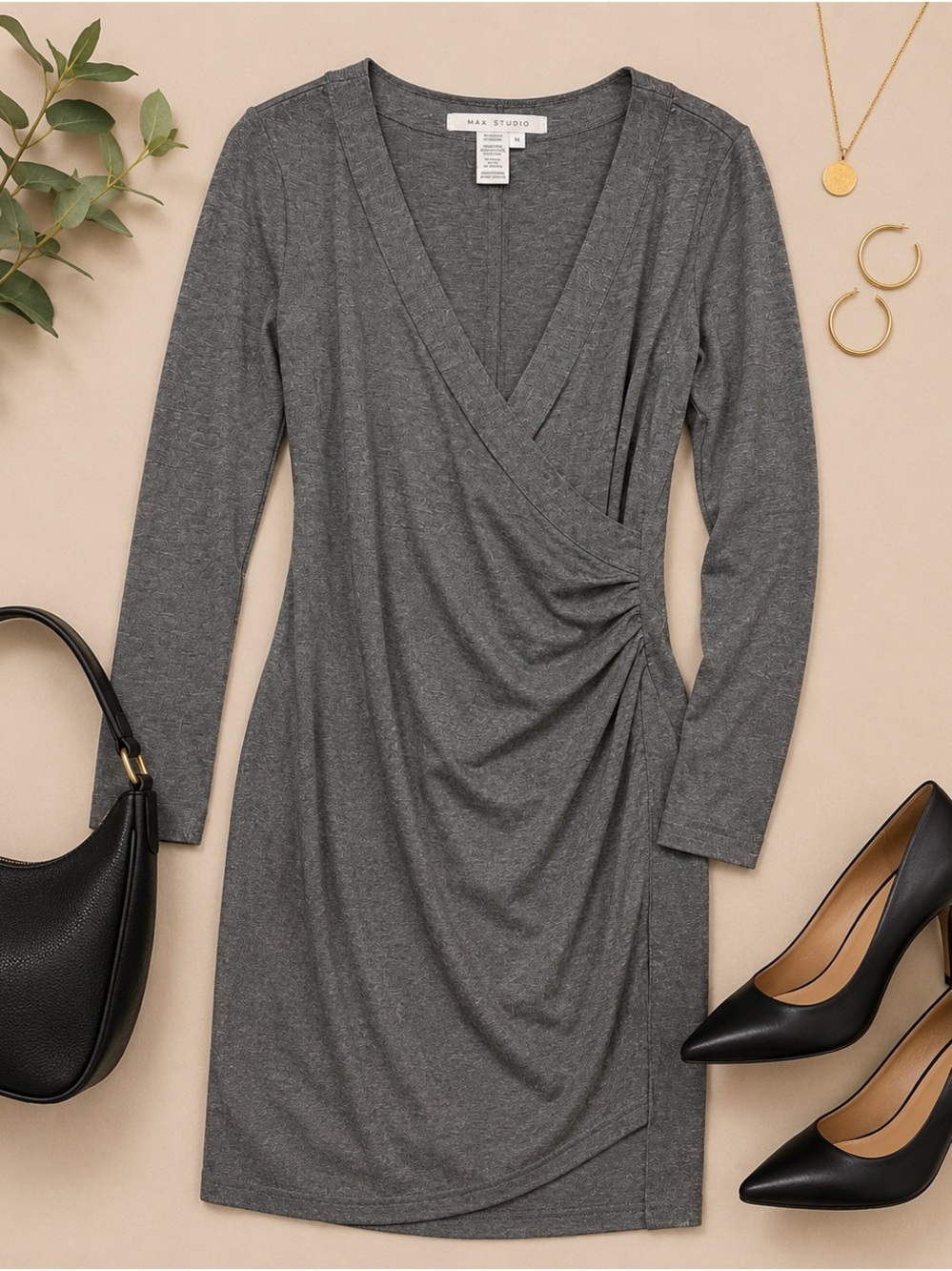 Max Studio Charcoal Gray Faux Wrap Long-Sleeve Jersey Career Dress Med EUC